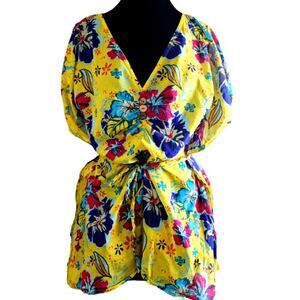 Yellow Floral Tie Waist Blouse Size Large